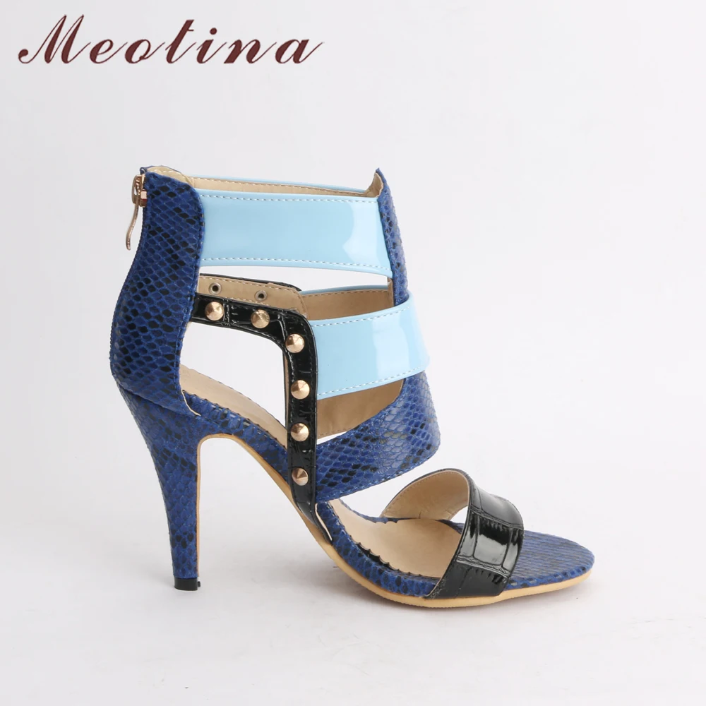 Meotina/женские босоножки; Туфли-гладиаторы на высоком каблуке с открытым носком; Летние пикантные туфли на тонком каблуке; цвет синий; ; на молнии; на шпильке; большие размеры 33-46; 45