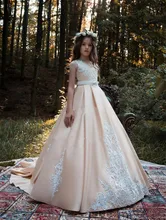 vestido daminha Flower Girl Dresses Princess A Line Kids Formal Wear Gowns Appliqued Sweep Train with Sash Girl Pageant Gown cute lovely champagne lace flower girl dresses with pink sash appliqued ball gown party wedding girls dress with train