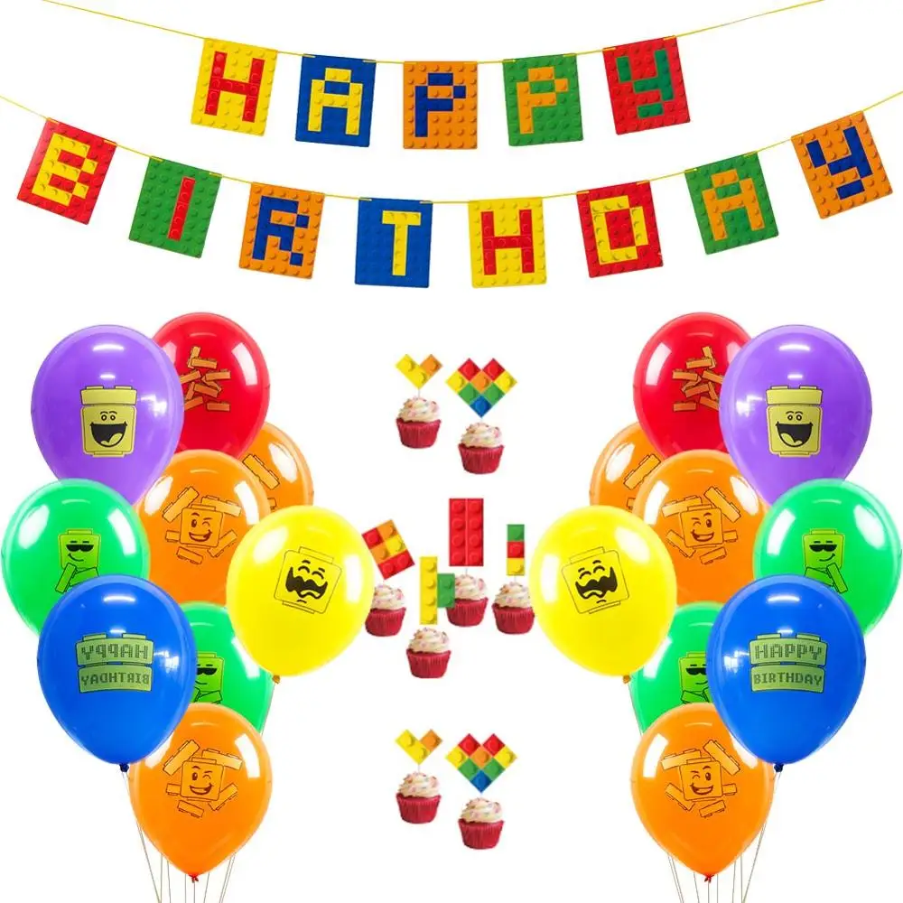 

Brick Theme Party Decor Latex Balloons Happy Birthday Banner Cake Topper Building Block Kids Brick and Block Decorations