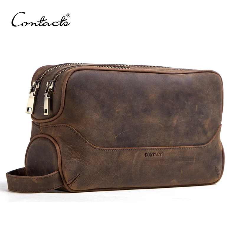 CONTACT'S-neceser crazy horse de cuero de vaca para neceser de viaje, bolsas aseo de gran organizador de bolsas de maquillaje - AliExpress