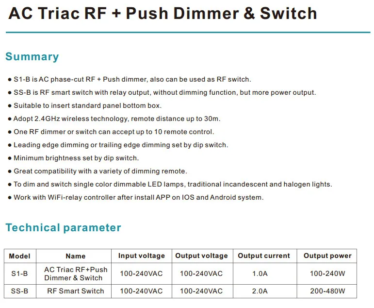 S1-B R1 RT6 R1 Led RF Диммер контроллер используется с R1 дистанционным 2,4 ГГц беспроводной Вход 100-240 В AC 1A 100 Вт-288 Вт кнопочный диммер