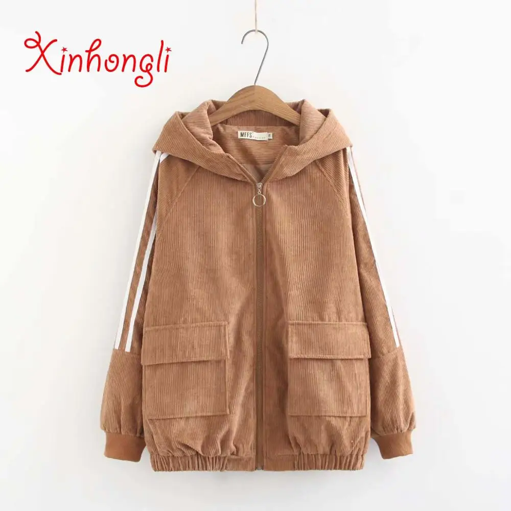 

Plus size hooded drop shoulder women loose jackets 2020 spring autumn casual lady pockets solid Camel Corduroy coats female 6XL