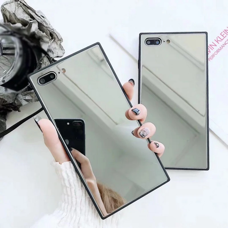 YISHANGOU Mirror Glass Square Back Case For iPhone 11 6 6S 7 8 Plus X XR XS Max Phone Case Soft Silicone Bumper Cover