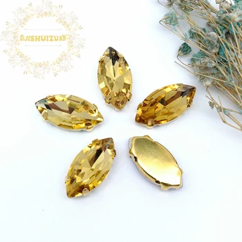 

Classic style Golden yellow horse eye shape Glass Crystal sew on rhinestones with gold claw Diy shose Free shipping