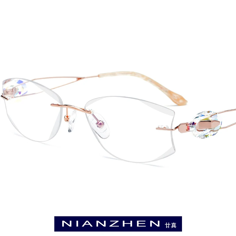 

B Wire Titanium Eyeglasses Frame Women Luxury Diamond Trimming Cut Female Frameless Rimless Optical Glasses Women Eyewear 7717