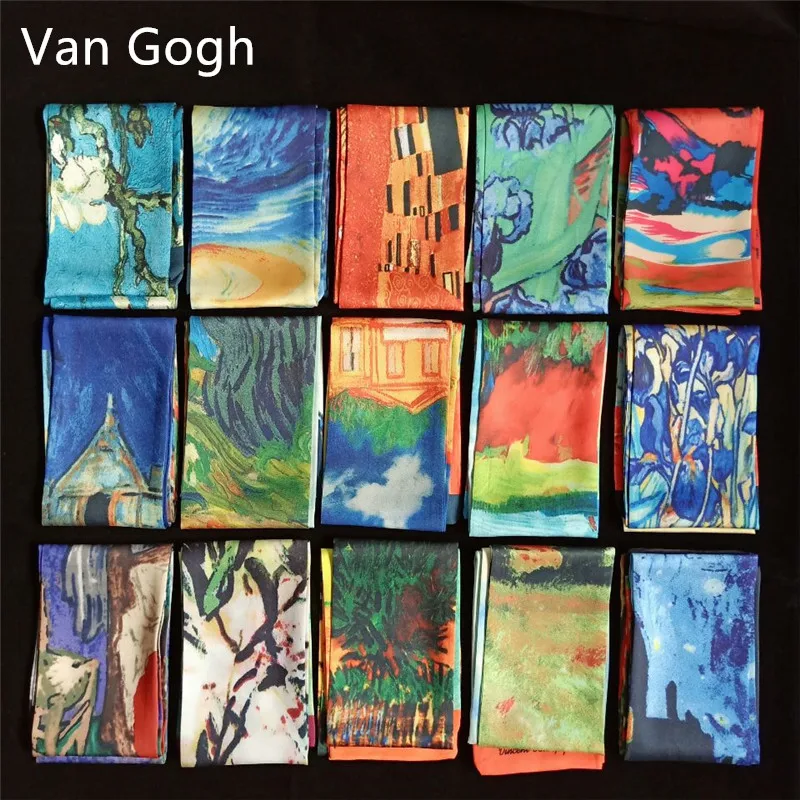  Van Gogh Oil Painting Twill Silk Scarf Women Neckerchief Skinny Scarf Bag Ribbons Female Neck Tie H - 33013780245