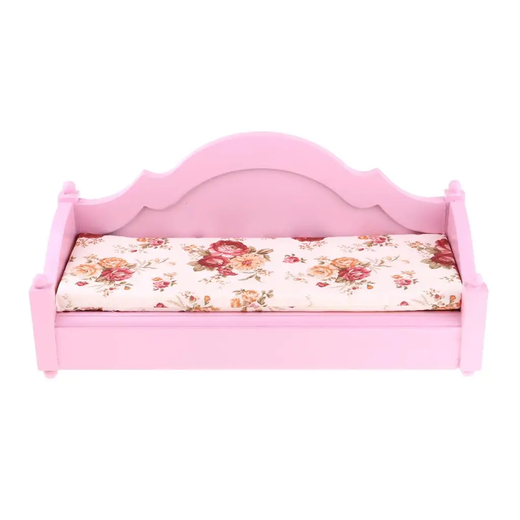 1/6 деревянный двойной диван-кровать ручной работы, Трехместный кукольный домик, миниатюрная мебель для гостиной, украшение кукольного дома - Цвет: Pink