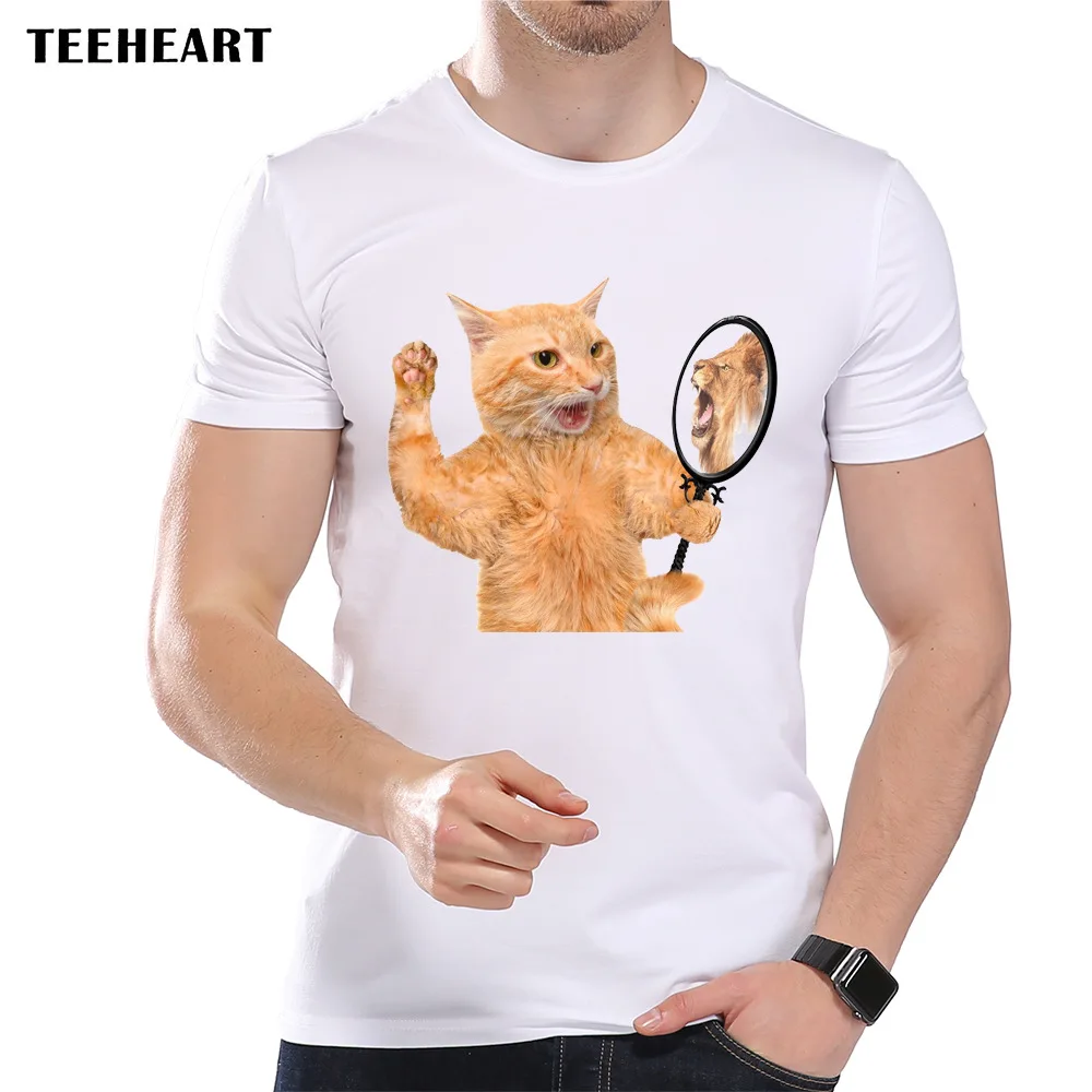 

TEEHEART Men's Funny Cat and Lion In The Mirror Printed Designer T-Shirt Cool Summer Modal Animal Graphic Top Tees la380