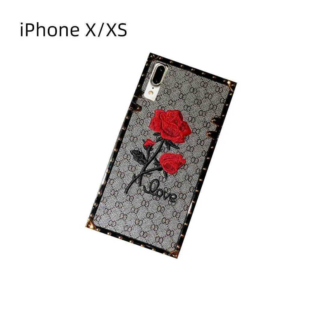 

Fashion Rose Embroidery Square With Lanyard Mobile Phone Cases For iPhone Floral, Letter Beige, Red, Gray