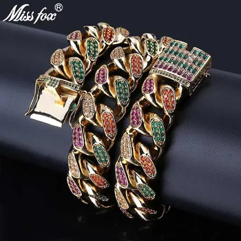 

MISSFOX HIP Hop Men 18mm Luxury Necklace Iced Out Diamond Bling Colorful CZ Miami Rainbow 24K Gold PT Cuban Link Chain Necklace