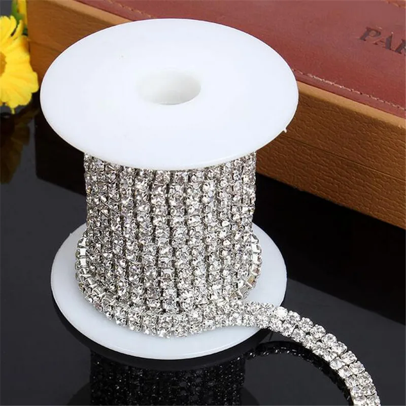 10yard Freeshipping 2rows Clear Rhinestone Crystal Silver Tone Chain Costume Applique Trims