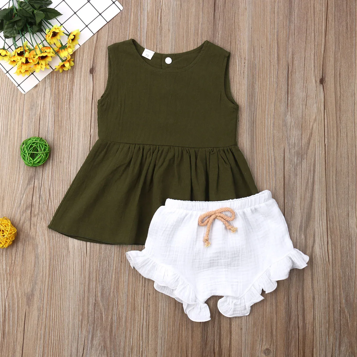 Emmaaby/Одежда для новорожденных девочек; однотонные топы без рукавов с оборками; короткие штаны; комплект из 2 предметов; летняя одежда