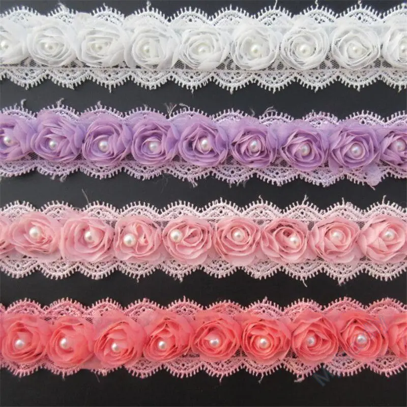 

2Yd Soluble Rose Flower Pearl Chiffon Embroidered Lace Trim Ribbon Fabric Sewing Craft Patchwork Handmade For Costume Decoration