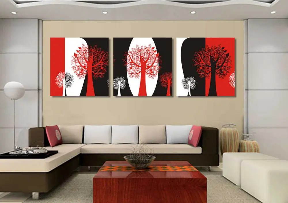 Unframed-Abstract-black-and-red-and-white-still-life-3-panels-canvas-wall-art-tree-oil