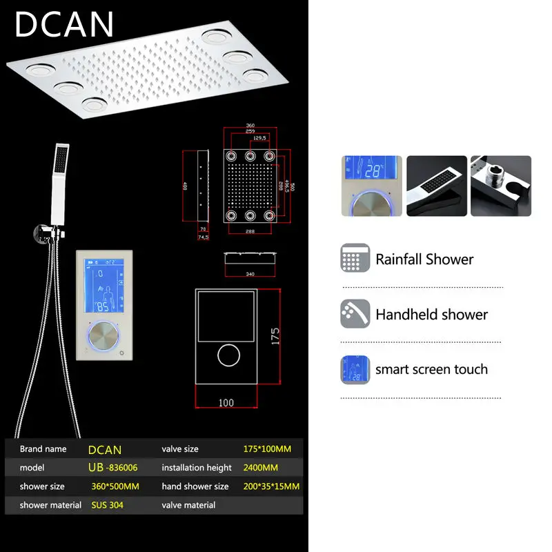 Цифровой набор для душа Контроллер Сенсорная панель управления Водопад в ванной комнате Потолок