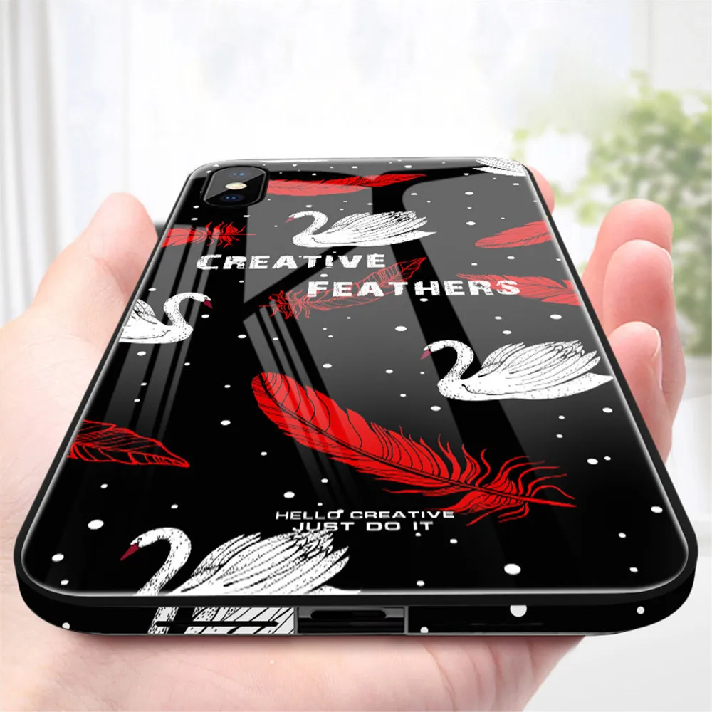 

Feather Swan Tempered Glass Shell Case for Apple iPhone 6 6s 7 8 Plus Color Soft Edge Shockproof Cover for iPhone X XS XR Max