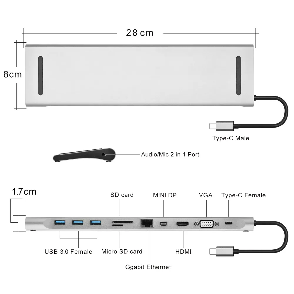 USB C док-станция алюминиевый многопортовый к HDMI/VGA/Mini DP/SD/RJ45/USB3.0/USB-C Женский конвертер для MacBook Chromebook Pixel