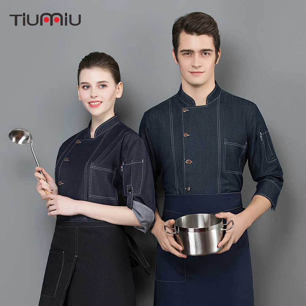 

Chef Jacket Stretch Denim Seven-quarter Sleeve Kitchen Restaurant Uniform Hotel Cook Workwear Coat Chef Clothes work clothes