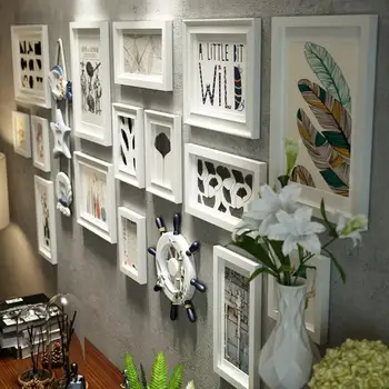 

Modern minimalist living room large size picture frame combination creative pendant wood photo wall European-style background