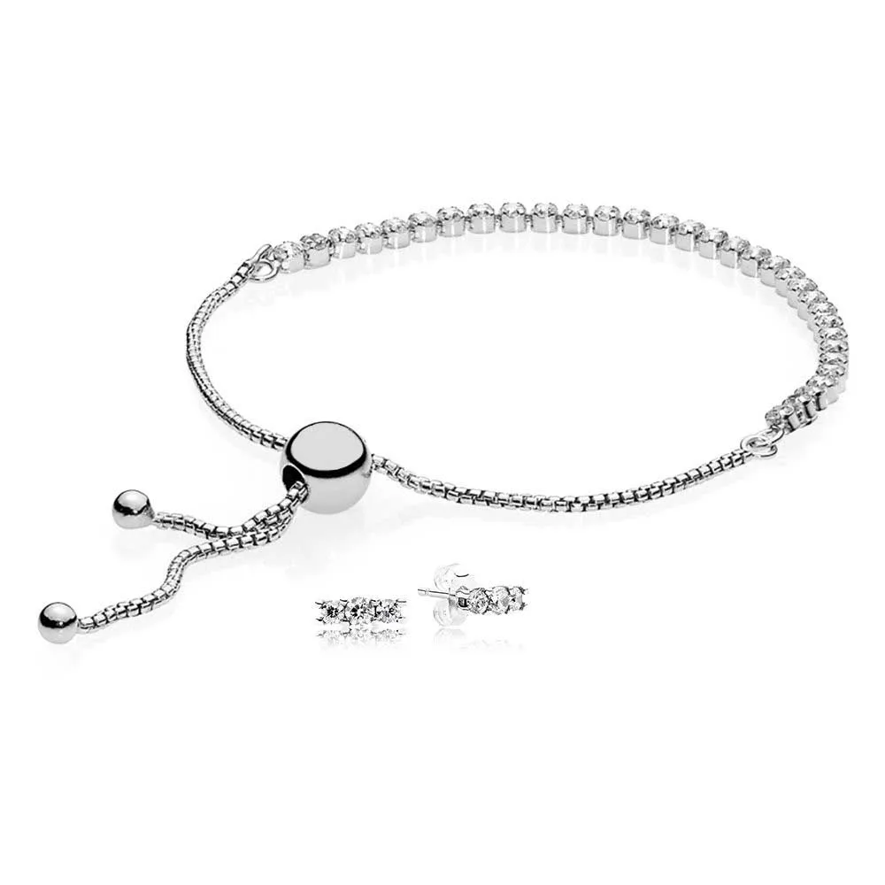

100% 925 Sterling Silver Sparkling Strand Gift Set CZ fit DIY Original Charm Bracelets Birthday Gift For Woman Jewelry