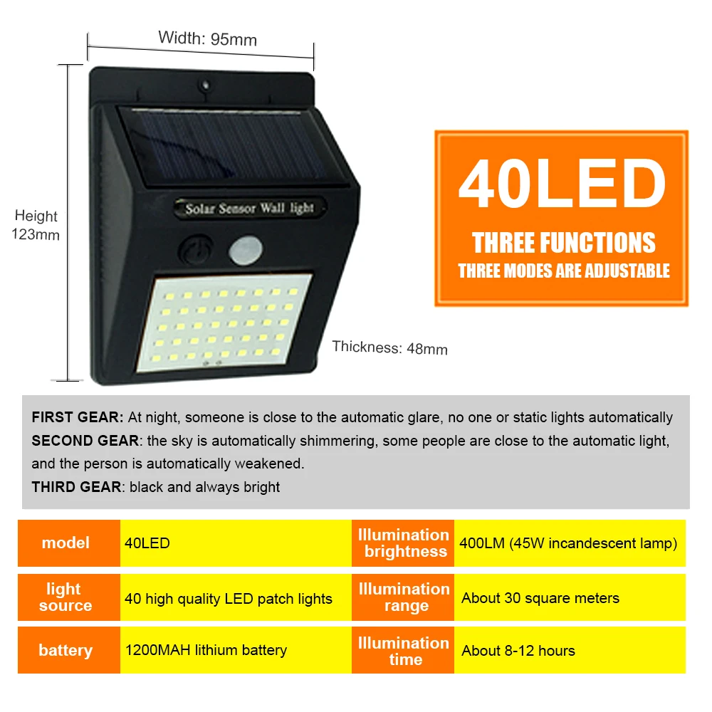 Солнечная мощность лампа 20 светодиодный PIR датчик движения настенный светильник домашний открытый светильник настенный водонепроницаемый сад наружное освещение для коридоров солнечная новинка - Испускаемый цвет: 40LED three switches