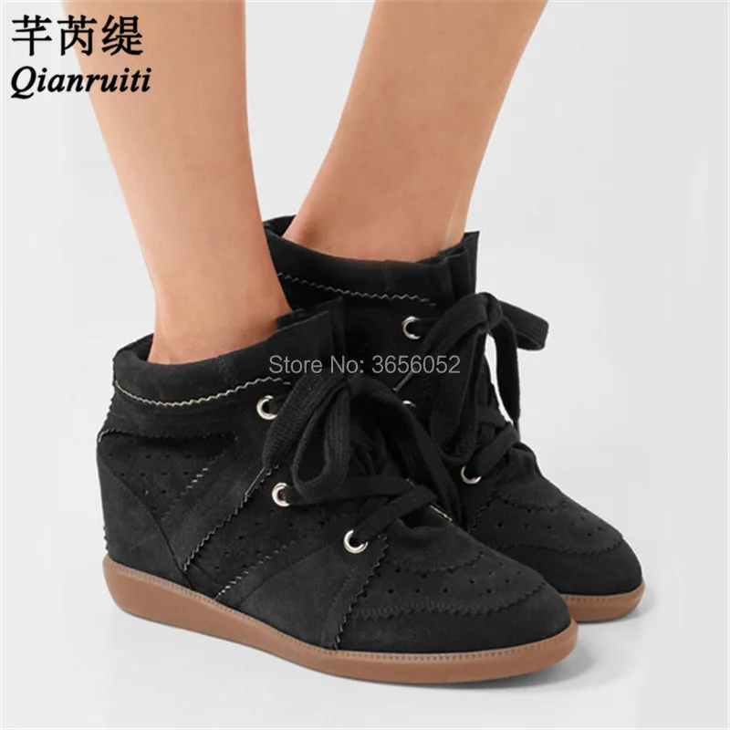 

Qianruiti 2018 Celebrity Height Increasing Autumn Botas Black Red Beige Wedges Shoes Casual Lace Up Concealed Wedge Boots Women