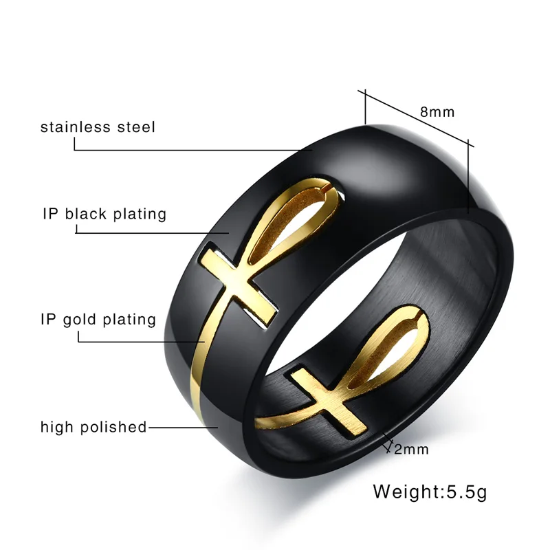 Men's Two Tone Cut out Ankh Egyptian Cross Ring for Men Stainless Steel Gold Black Can Split