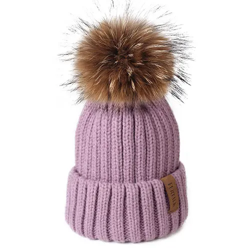 Furtalk настоящая меховая шапка с вязаным помпоном женская зимняя вязаная шапка теплая настоящий большой енот помпон шляпа для женщин - Цвет: Лаванда