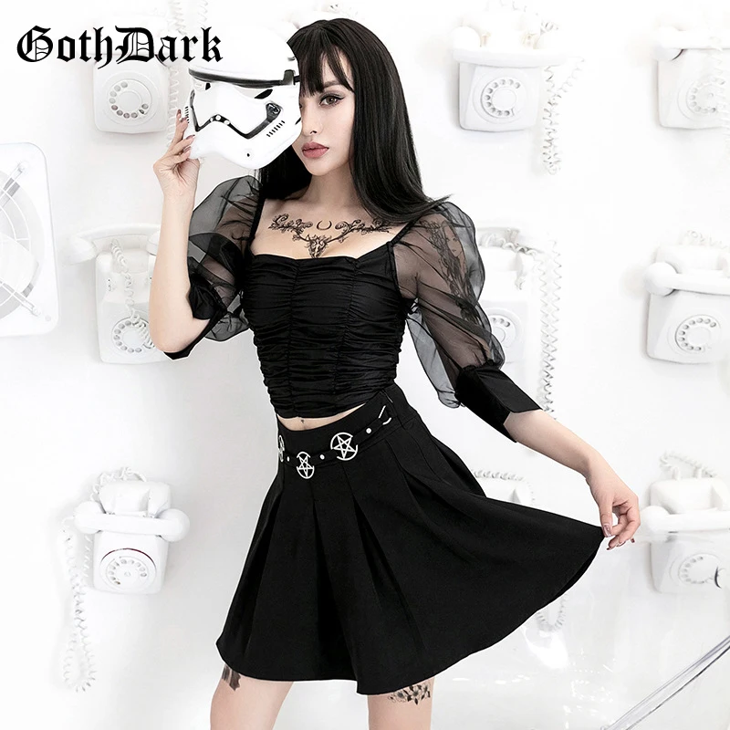 

Goth Dark Black Pleated Belt Ring Of Pentagram skirts Gothic Summer 2019 Elegant Grunge Skirt Female Harajuku Sexy patchwork