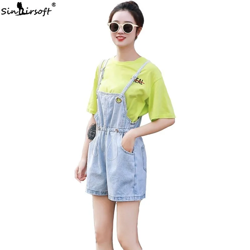 

New Overalls Women's Summer Cute Elastic Waist Large Pocket Short Pants Jeans Overalls Bib Pants Casual Loose Women Denim Shorts