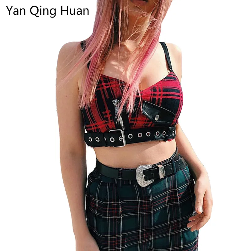 

Yan Qing Huan 2019 Summer Explosions Plaid Stripes Rivets Beaded Ladies Short Sling Zipper Belly Navel Fashion Sexy Trend Vest