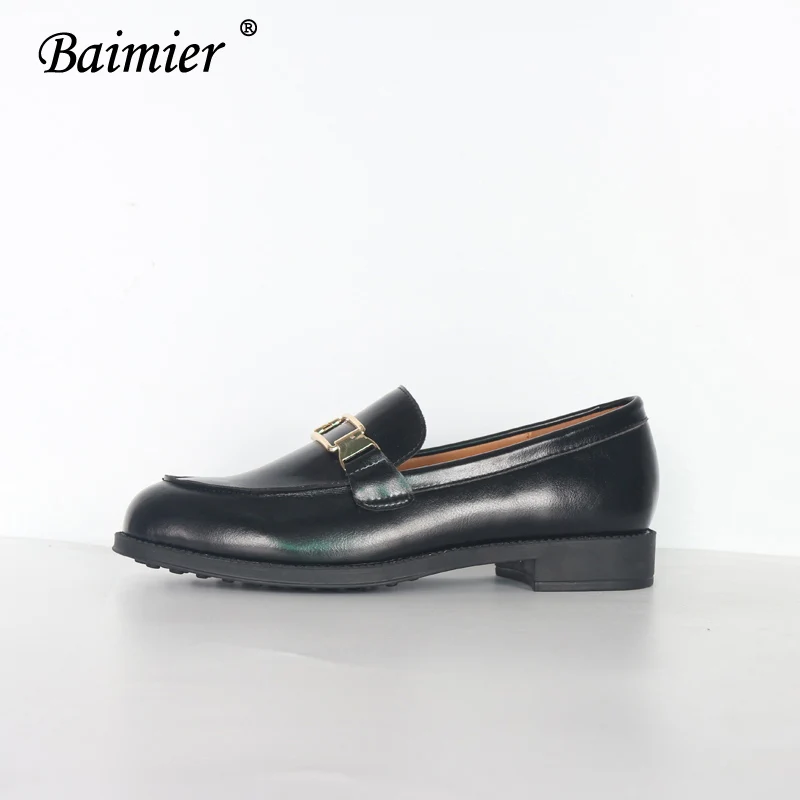 Baimier/черные женские туфли-оксфорды из натуральной кожи в стиле ретро; повседневные плоские женские туфли без каблуков; коллекция года; Модные женские оксфорды с металлической пряжкой - Цвет: Black