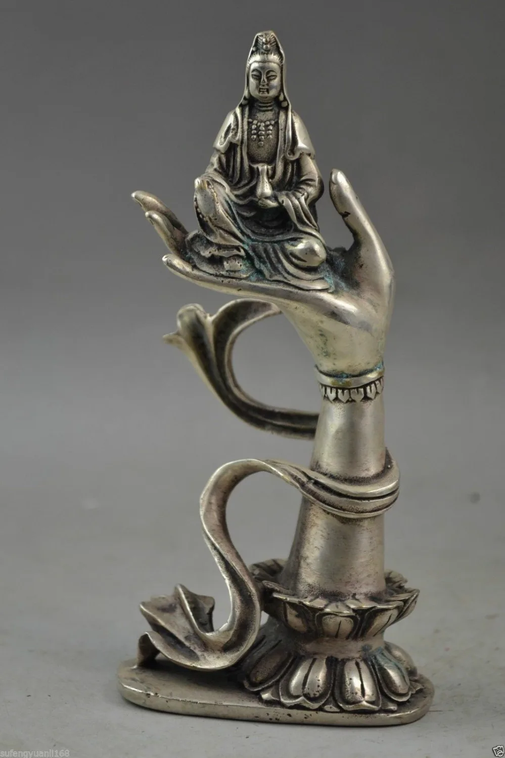 

Chinese Handwork Miao Silver Carving Huddha Hand Hold Kuan-Yin Stat Garden Decoration 100% real Brass Bronze