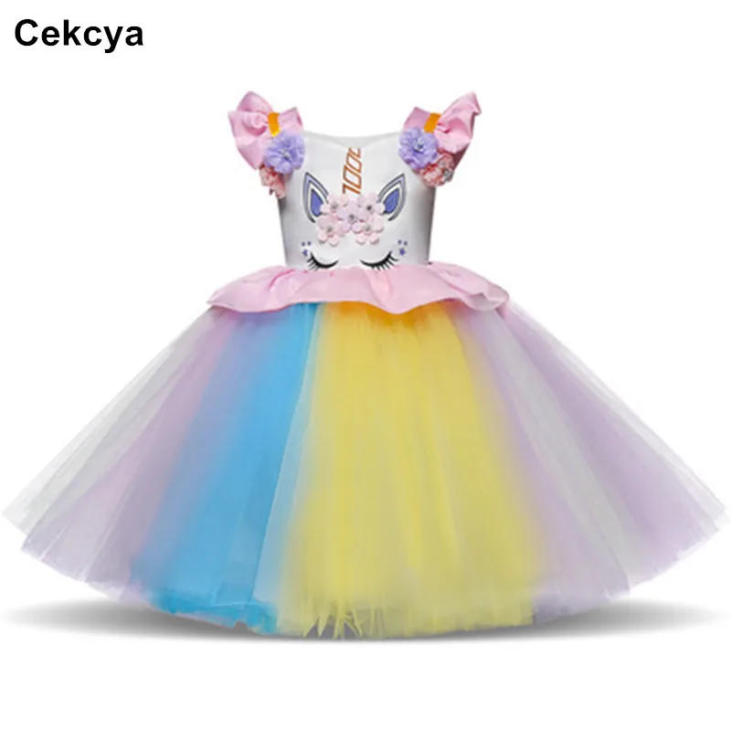 

Cekcya 2019 Summer Kids Dress Party Dress Girls' Dress Rainbow Unicorn Party With Headband Halloween Christmas Cosplay Costume