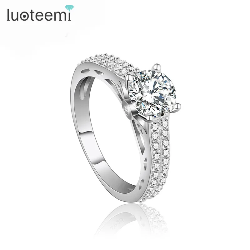 LUOTEEMI Hot Sale Luxury White Gold-Color Bridal CZ Micro Pave Female Wedding Engagement Finger Ring Classic Couple Jewelry