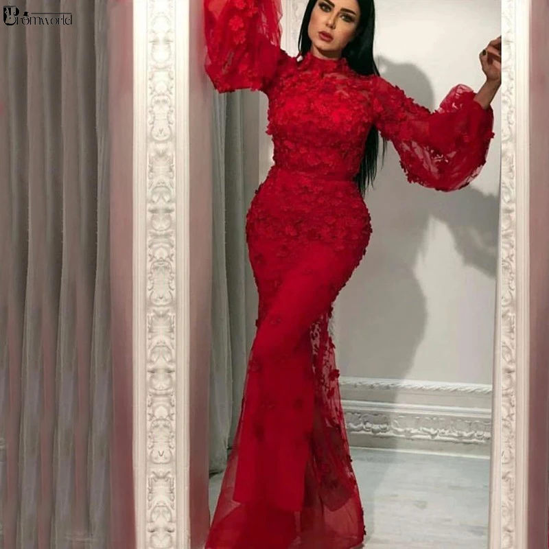 US $88.48 Burgundy Muslim Evening Dresses 2020 Mermaid Long Sleeves Flowers High Neck Saudi Dubai Kaftan Arabic Elegant Long Evening Gowns