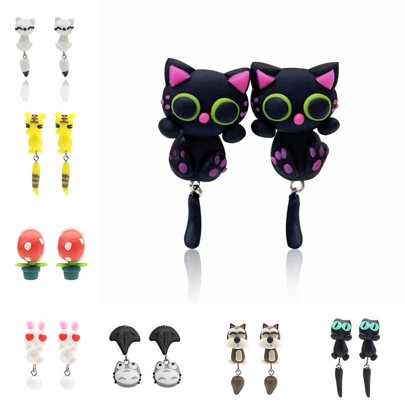

Dropshipping Handmade DIY Polymer Clay Stud Earrings Charms Fox Cat Raccoon Tiger Dragoncat Rabbit Statement Earrings For Women