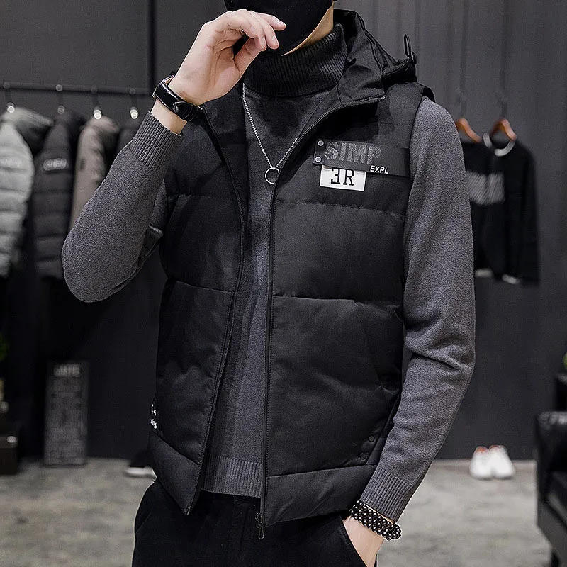 

Winter Vest Hooded Mens Cotton Korean Hat Waistcoat Stand Collar Sleeveless Jacket Bodywarmer Warm Casual Slim Fit Fashion Vests