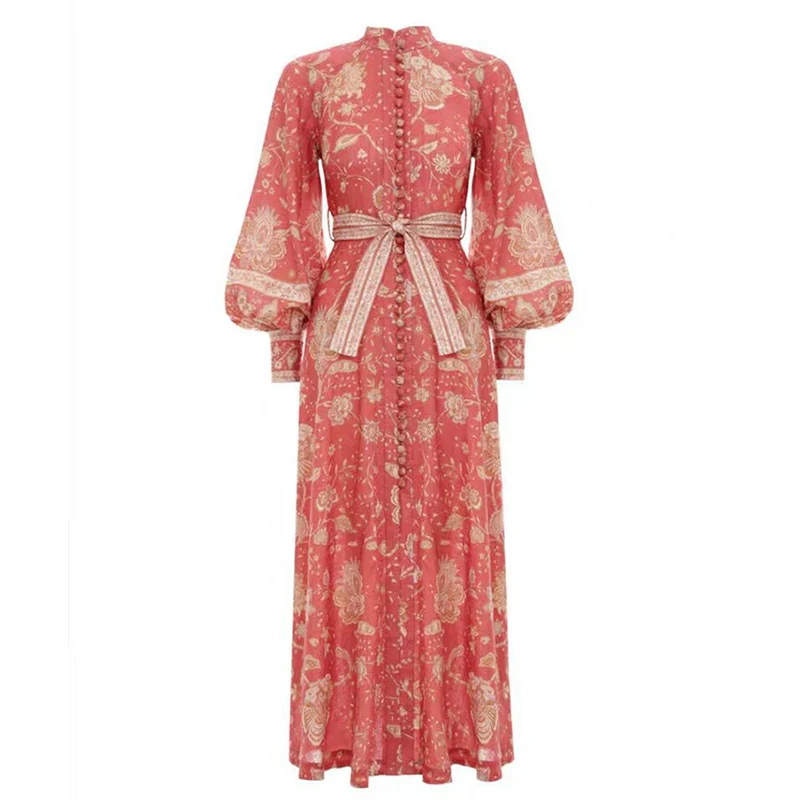 

HIGH QUALITY Newest 2019 Designer Dress Women's Lantern Sleeve Charming Floral Buttons Mid-calf Dress