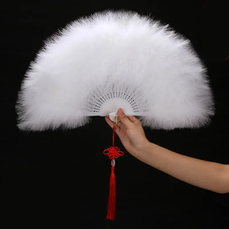 

25 Full Velvet Thickening Pure Color Feather Fan Elegant Lady Folding Fan Colorful Dance Fan with Chinese Knot 50*30cm
