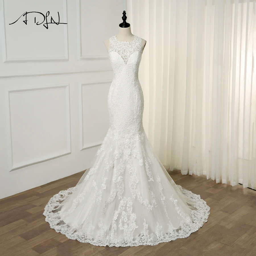 

ADLN Elegant O Neck Sleeveless Lace Wedding Dresses Vestido De Novia Sweep Train Mermaid Wedding Gowns Zipper with Buttons Back