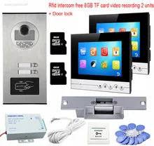 Video Intercom With Recording 8GB TF Card Intercom Door Rfid Camera Video Door Phone Bell For Home 2 Apartment + Electric Lock