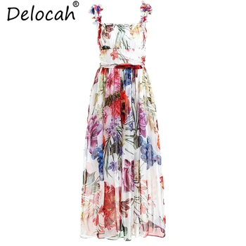 

Delocah Women Summer Spaghetti Strap Dresses Runway Fashion Sexy Backless Floral Print High Waist Casual Vacation Long Dress