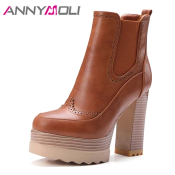 

ANNYMOLI Winter Women Boots Ankle Boots Synthetic Leather Super High Heel Short Boots Platform Block Heel Ladies Shoes Size 3-10