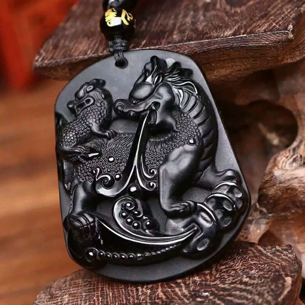 

Free shipping Natural frosted obsidian kirin necklace pendant SongZi flourishing industry with rope