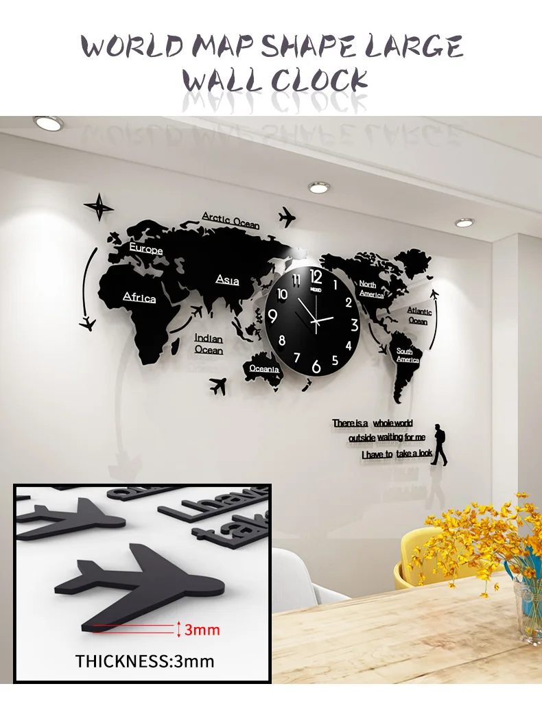 Large 3D World Map Wall Clocks Modern Design Glow In Dark Hanging Silent Wall Clocks Mute Acrylic Unique Wall Clocks