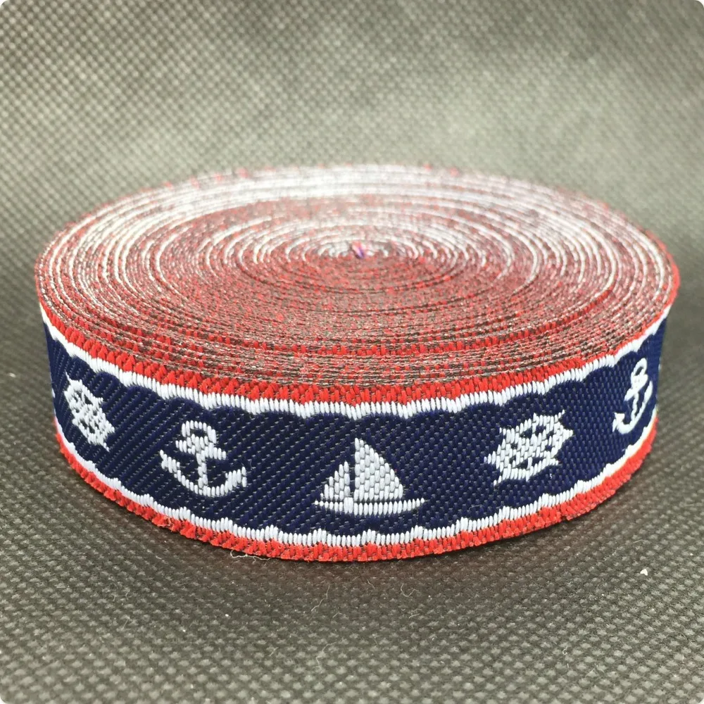 

2014 NEW wholesale 3/4 '(20mmx10yards) Polyester Woven Jacquard Ribbon dark blue with Sailing and sailors