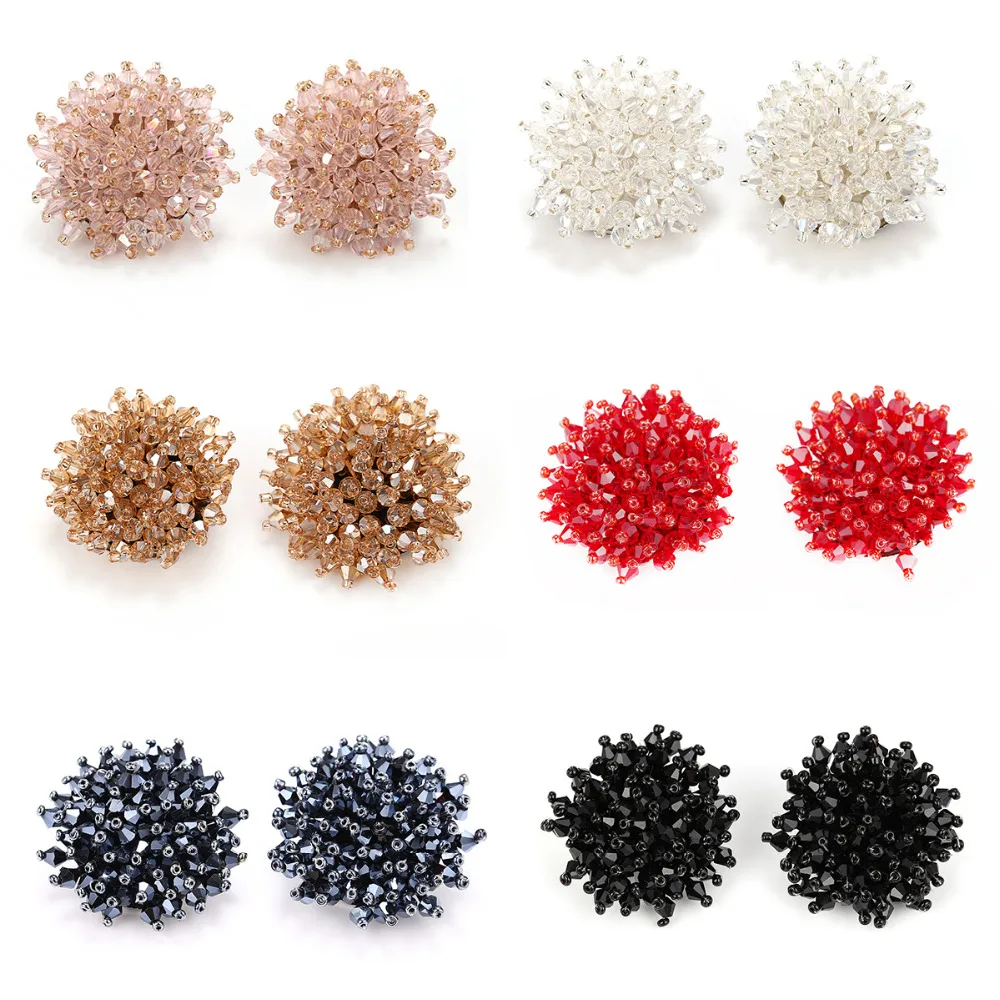 

6 Colors Crystal Acrylic Beads Knitting Flowers Clip Earrings for Women Elegant Romantic Ears Accessories Jewelry