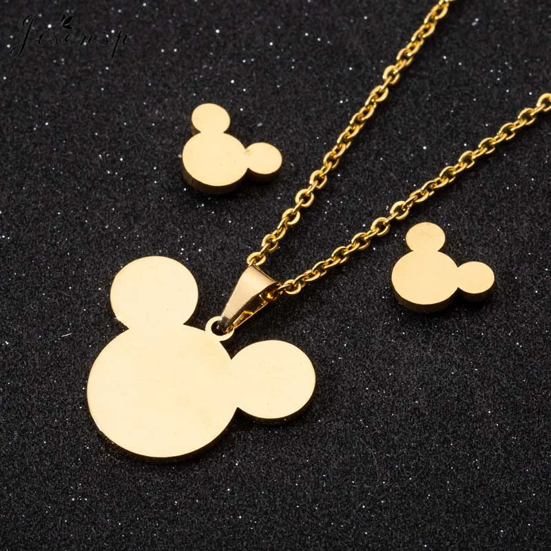 

Jisensp Stainless Steel Jewelry Sets Cartoon Mickey Charm Necklace Earring Mouse Animal Jewelry for Women Kids Birthday Gift