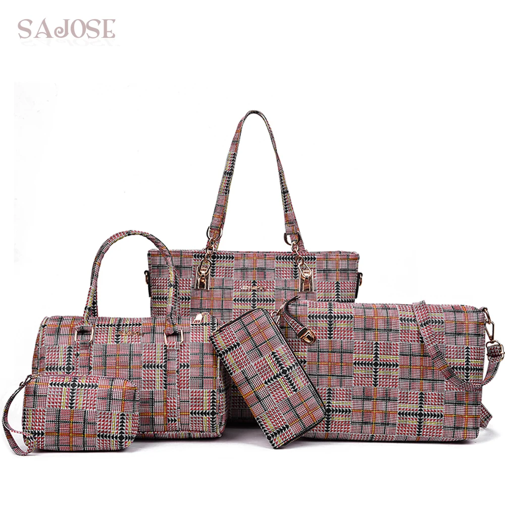 

Women Bag 5 Sets Composite Bag Female Big Plaid High Quality Leather Tote Handbags Fashion Shoulder Bag Purse Lady Crossbody Bag